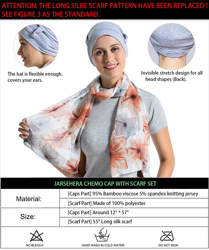 JarseHera Bamboo Cotton Liner Chemo Headwear for Womenwith Silky Scarfs for Cancer Hair Loss Sleep Caps Beanie (Light Gray+Light Pink,2 Pair) - Image 2